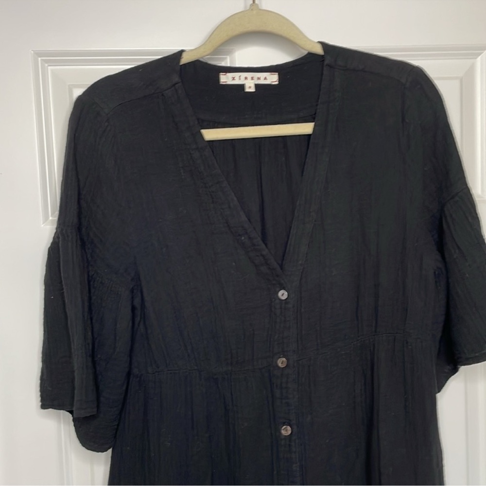 Xirena Tired Kendall Black Crinkle Gauze Midi Dress Size Small Button Front - Picture 2 of 10